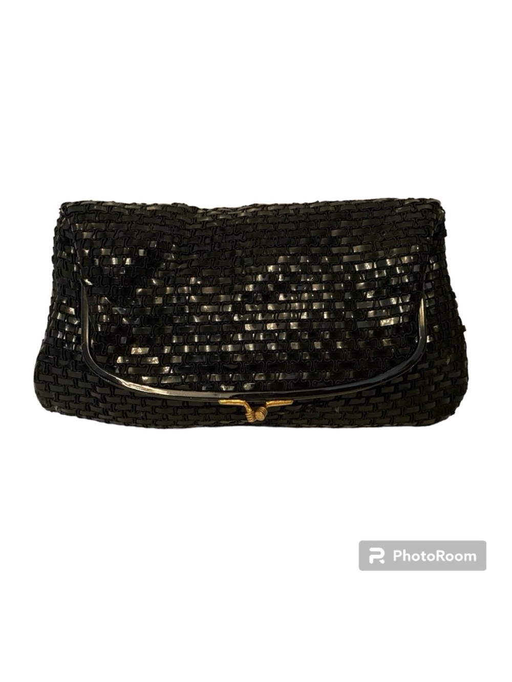 COBLENTZ ORIGINAL VINTAGE BAG CLUTCH BLACK PERMAPLASTIC WOVEN HINGE KISS LOCK